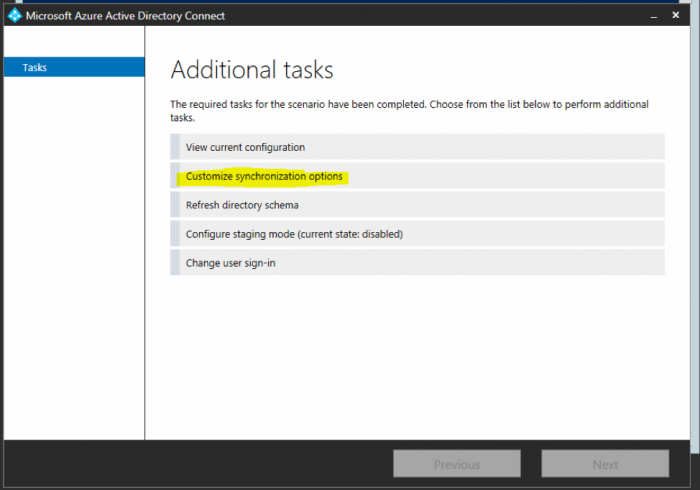 Azure AD Connect additional tasks view
